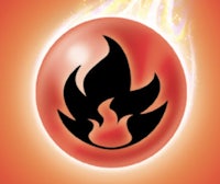 a red ball with a flame on it